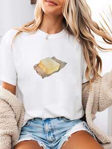 Camiseta "BUTTER" Mantequilla Ilustración Vintage Mujer | Ropa Casual Alimenticia Estilo Retro Manga Corta - Blanco - Ver 1