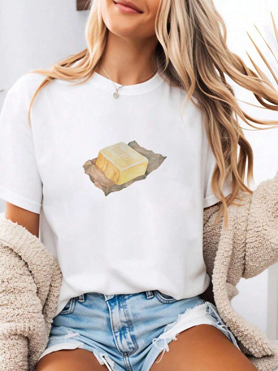 Camiseta "BUTTER" Mantequilla Ilustración Vintage Mujer | Ropa Casual Alimenticia Estilo Retro Manga Corta - Blanco - Ver 1