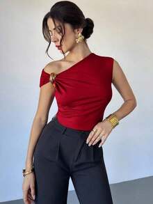Camiseta asimétrica de hombro con decoración metálica, elegante y casual, adecuada para salir, fiestas y otras ocasiones/Otoño para mujeres/Disfraz de Halloween para mujeres/Camiseta roja de Navidad/Parte superior de de Año Nuevo/Elegante parte superior para mujeres - Blanco 5 - Ver 10