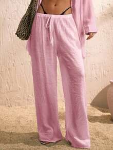 Pantalones anchos de verano para mujer con cintura anudada y unicolor - Rosa - Ver 1