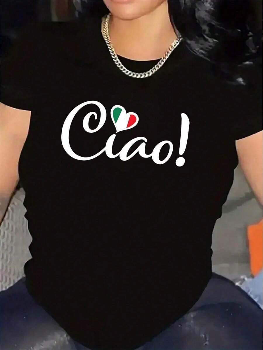 100% cotton Camiseta de manga corta con diseño de corazón y bandera italiana Ciao, hecha de fibra de poliéster, ligera y duradera, perfecta para uso casual en restaurantes o en casa, ajuste cómodo para uso diario - Negro - Ver 1