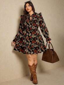 Vestido casual de manga larga con cuello de lazo, volantes y estampado floral para mujer de talla grande, apto para primavera/invierno - Multicolor - Ver 5
