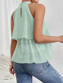 Blusa de gasa con volantes asimétricos y cuello suelto - Verde - Ver 2