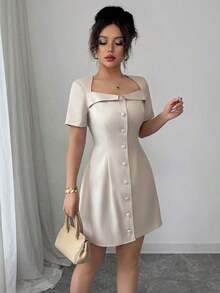 Vestido corto de manga corta con cuello trapezoidal elegante, volantes y cintura con botones en forma de línea A, adecuado para el trabajo, primavera/verano - Albaricoque - Ver 4