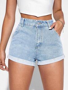 Shorts en mezclilla bajo de doblez - Azul lavado medio - Ver 7
