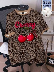 casual de mujer con estampado de leopardo vintage y gráfico de cerezas, de cuello redondo y corte holgado - Multicolor 2 - Ver 8