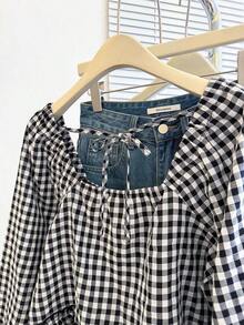 Blusa con volantes en el bajo, nueva llegada de otoño para mujer - Blanco y Negro - Ver 6