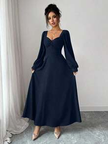 YHHElenzga Vestido largo elegante de mujer con cuello cuadrado, mangas abultadas y cintura ceñida, adecuado para el uso diarioYHH - Azul marino - Ver 4