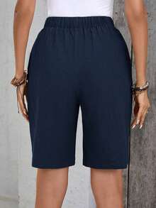 Bermudas, unicolor, con bolsillos laterales, corte holgado, longitud hasta la rodilla, cintura media, estilo básico - Azul marino - Ver 2