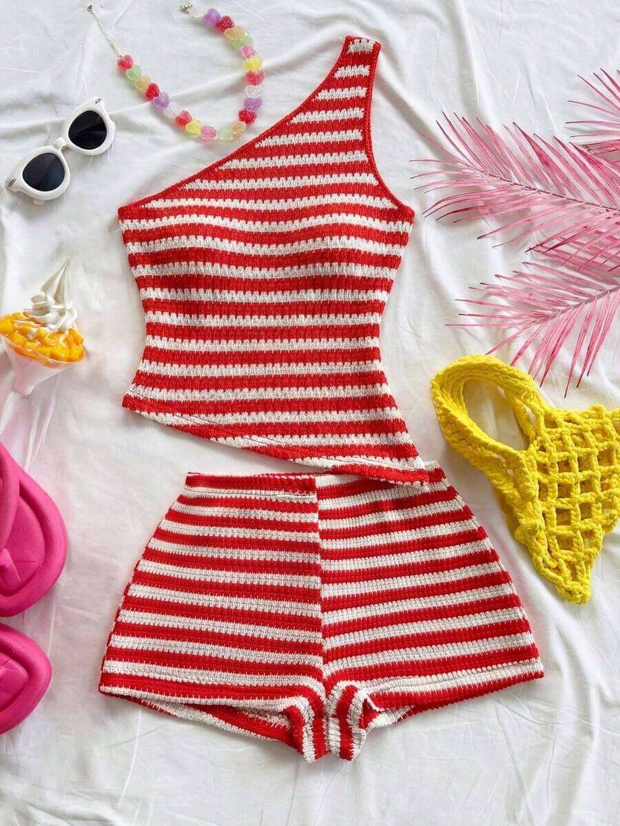 conjunto de verano para mujer, conjunto de vacaciones, conjunto de 2 piezas para uso diario, conjunto de vacaciones en la isla, bohemio, boho, floral romántico, vacaciones, floral - Rojo y blanco - Ver 1