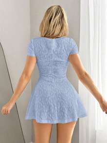 Vestido corto casual de unicolor con cuello cuadrado y manga corta en estilo Y2K para mujer, color blanco - Celeste - Ver 2