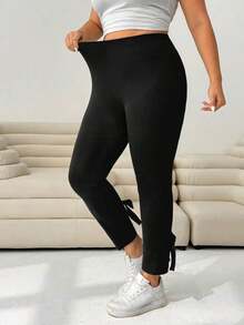 Pantalones casuales ajustados de color negro con decoración de moño y abertura lateral para mujer de talla grande, para verano, otoño, lindos, vacaciones en la playa, estilo occidental, concierto de música country, escuela, brunch - Negro 2 - Ver 5