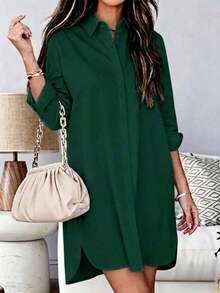 Camisa versátil de mujer de un solo pecho, unicolor, holgada, con bajo irregular y bolsillo, color rosa, para primavera - Verde Oscuro - Ver 1