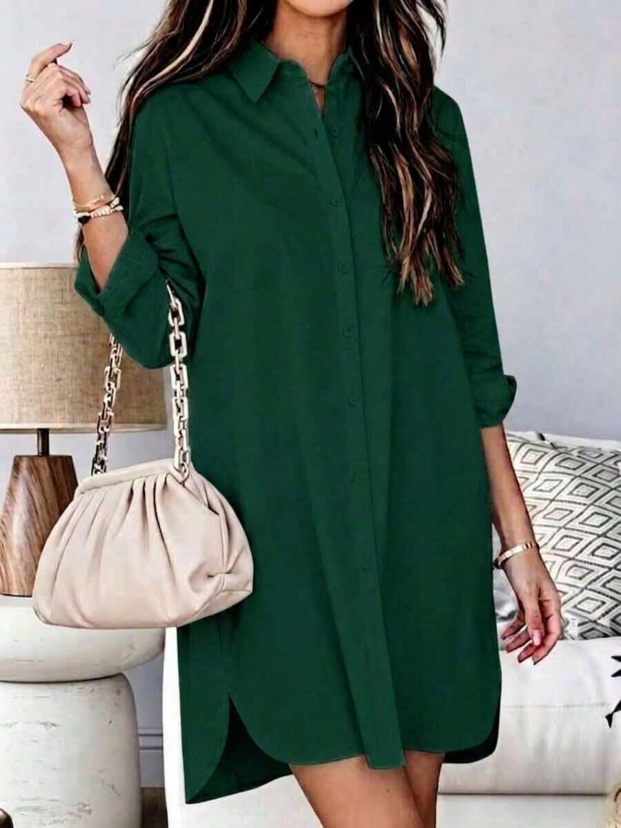 Camisa versátil de mujer de un solo pecho, unicolor, holgada, con bajo irregular y bolsillo, color rosa, para primavera - Verde Oscuro - Ver 1