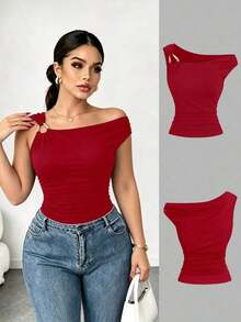 Camiseta ajustada con cuello asimétrico talla grande, top casual versátil, primavera/verano - Rojo - Ver 1