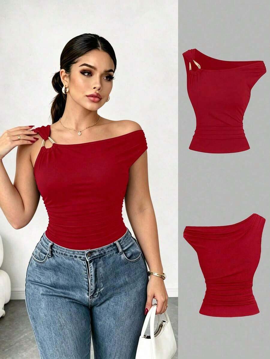 Camiseta ajustada con cuello asimétrico talla grande, top casual versátil, primavera/verano - Rojo - Ver 1
