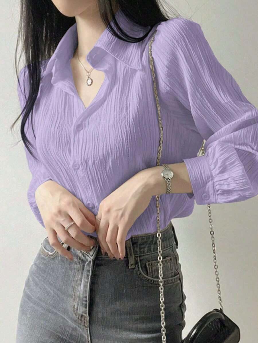 Blusa suelta de unicolor con cuello vuelto y pliegues para mujer, color morado, para primavera/verano/otoño, ropa de mujer de manga larga - Púrpura malva - Ver 1