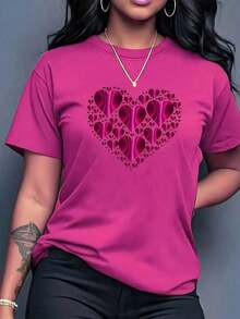 Nueva Camiseta de Mujer 2026 con Estampado de Corazón Rosa Dulce - Top Casual de Manga Corta con Cuello Redondo, Diseño Delicado de Corazón de Encaje, Lavable a Máquina y Transpirable, Ideal para Primavera y Verano - Rosa - Ver 6