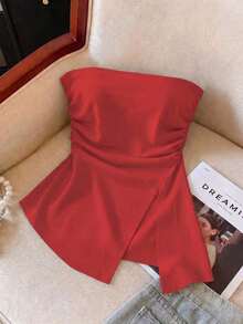 Top bandeau de unicolor con pliegues en el lateral y bajo con abertura de moda para mujer - Rojo - Ver 4