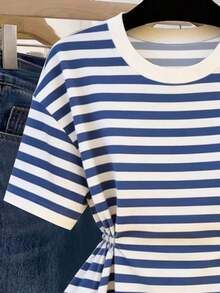 Camiseta de manga corta de cuello redondo con cintura a rayas, casual de verano para mujer - Multicolor - Ver 4