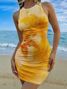 Vestido de verano para mujer de corte ajustado hasta la pantorrilla, sin mangas, con estampado floral rosado en todo el diseño, de estilo casual y minimalista - Multicolor 11 - Ver 4