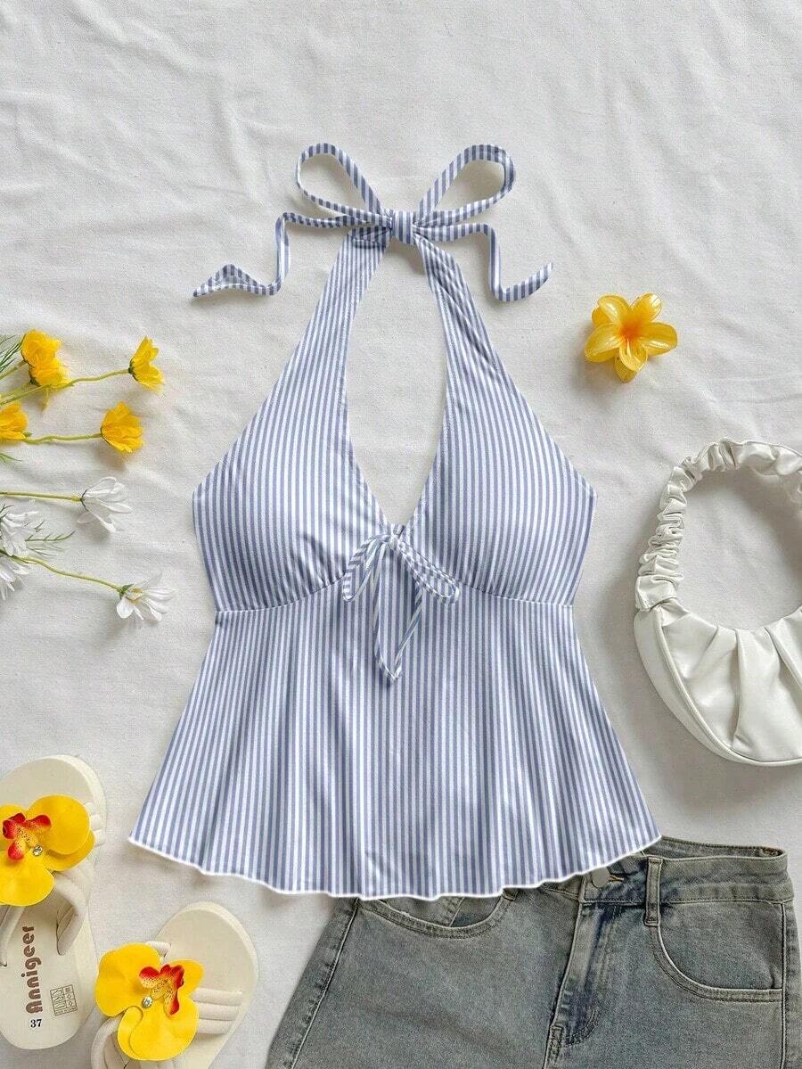 Top halter sin espalda a rayas casual de verano para mujer - Multicolor - Ver 1
