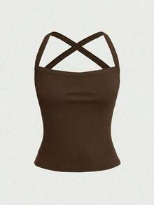 deportivo casual de unicolor, sexy, con espalda descubierta y tirantes cruzados, adecuado para el verano - Marrón - Ver 5