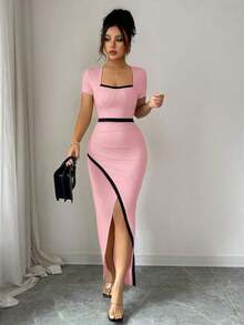 YHHRafferiza Nuevo vestido de Body ceñido con cuello cuadrado elegante y abertura en la cintura, estilo europeo y americano para mujeresYHH - Rosa Pálido - Ver 3