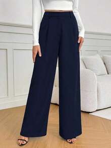 Tall Pantalones anchos de cintura alta de unicolor y versátiles, pantalones de cintura alta de estilo casual de otoño e invierno, pantalones negros de mujer, pantalones negros de vestir de pierna ancha, pantalones negros casuales, pantalones de esti - Azul marino - Ver 8