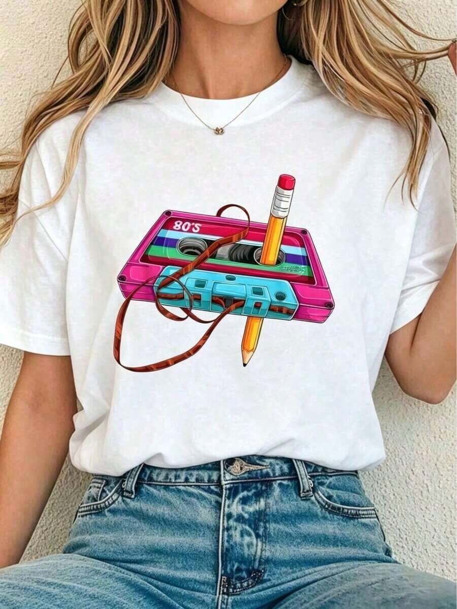 Conjuntos de Verano Suaves para Mujer, Camiseta Vintage con Diseño de Casete Musical de los 70, 80 y 90, Camisetas Gráficas Casuales para Mujer, Blusas con Estampado - Blanco - Ver 1