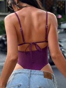 Swim  Traje de baño de una pieza para mujer de verano con tirantes finos, estampado de posicionamiento de unicolor y sexy - Morado - Ver 4