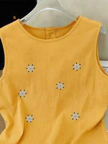 de lino sin mangas con bordado francés para mujer - Amarillo - Ver 4