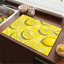 1pc Lemon Print Absorbent Mat/Drying Mat For Coffee Maker, Dishes - Polyester Absorbent Desktop Protective Mat With Rubber Anti-Slip Pad, For Kitchen Counter Decor, Home Bar And Dining Table - Multicolor - View 1
