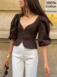 Blusa de mujer con cuello de corazón, mangas abullonadas y cintura entallada en unicolor.Ideal para días de playa, ir al trabajo, cumpleaños y citas - Marrón - Ver 8