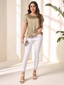 Blusa suelta elegante de verano para mujer con cuello redondo, mangas cortas tipo murciélago y unicolor - Blusas de manga corta - Caqui - Ver 4