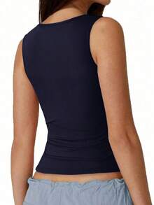 Camiseta de tirantes de unicolor negro como capa base de ropa casual de mujer para el verano y otoño - Azul marino - Ver 2
