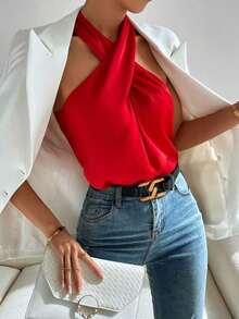 Top halter unicolor cruzado delantero de espalda abierta - Rojo - Ver 5