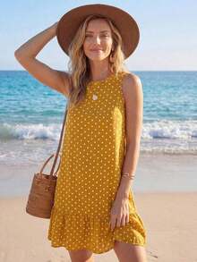Vestido mini casual, de fiesta y de viaje con rayas y fruncido para mujer - Mostaza Amarilla - Ver 3