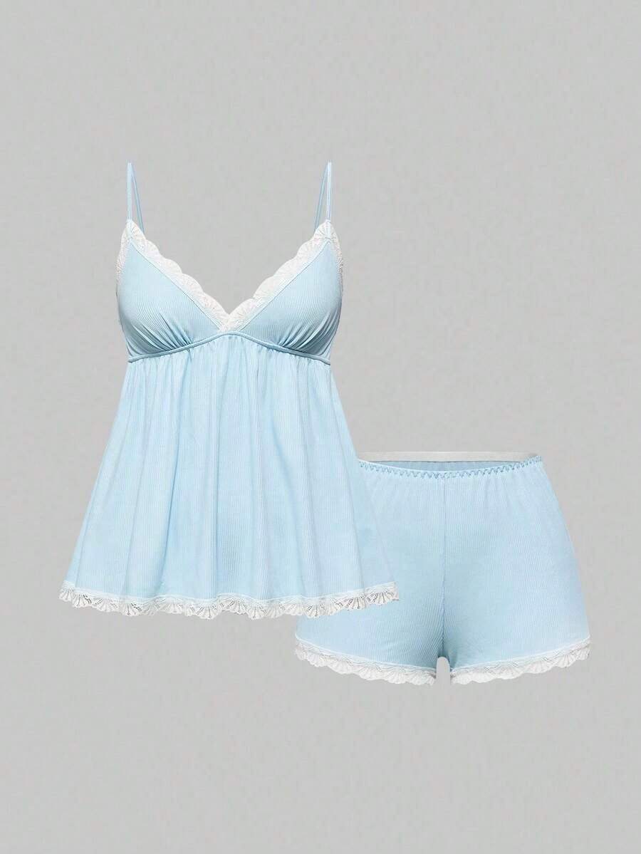 Conjunto de pijama casual de camiseta de tirantes acanalada y shorts con encaje - Azul - Ver 1