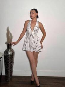 Bello Vestido mini de verano con escote halter y espalda abierta con estampado de lunares para mujer - Blanco - Ver 7