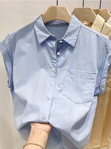 Camisa de manga corta con cuello texturizado azul claro, camisa suelta de bolsillo de manga enrollada de una sola hilera, camisa ligera y cómoda de estilo minimalista versátil para uso diario, trabajo y múltiples ocasiones - Azul - Ver 3