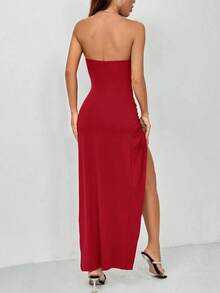 Vestido elástico con corte, frontal retorcido y abertura alta en el muslo - Rojo - Ver 2
