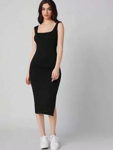 Vestido con abertura lateral de cuello cuadrado - Negro - Ver 1