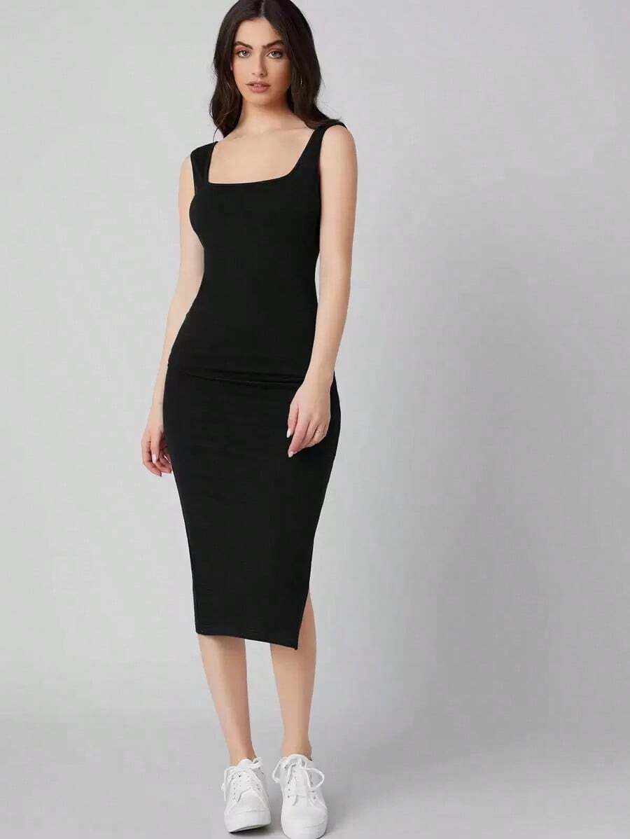 Vestido con abertura lateral de cuello cuadrado - Negro - Ver 1