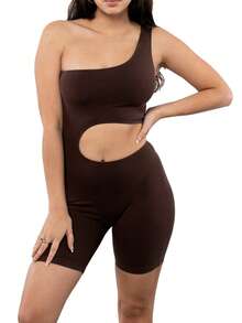 Women Romper, Sleeveless Off Shoulder Cutout Solid Color Wrapped Spring Summer Short Jumpsuit - Brown - View 1