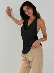 Top sin mangas ajustado para mujer con cuello en pico minimalista y elegante para el uso diario - Negro - Ver 3