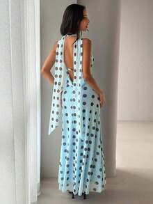 Vestido de mujer con cuello drapeado, línea A y espalda descubierta en color amarillo fluido - Azul - Ver 2
