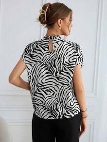 Camisa de mujer con estampado de leopardo, de verano, de manga ancha, para uso diario - Blanco y Negro - Ver 2