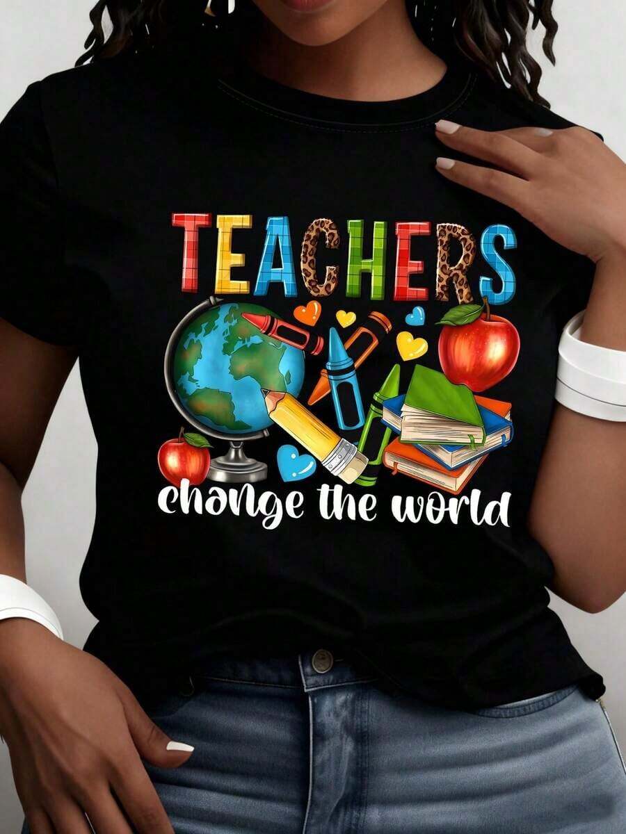 Graphic T-Shirts For Teachers - Women's Summer Clothes, Oversized T-Shirt, Casual Cotton Short Sleeve Streetwear, Fashion Tops For Women, Thank You Gifts For Teachers, Suitable For Spring, Summer And Autumn. - 黑色 - 查看 1