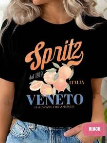 Spritz Veneto Italia Women's Casual T-Shirt With Orange Fruit Print, Short Sleeve, Round Neck, 220g, 100% Cotton, Durable - 黑色 - 查看 6